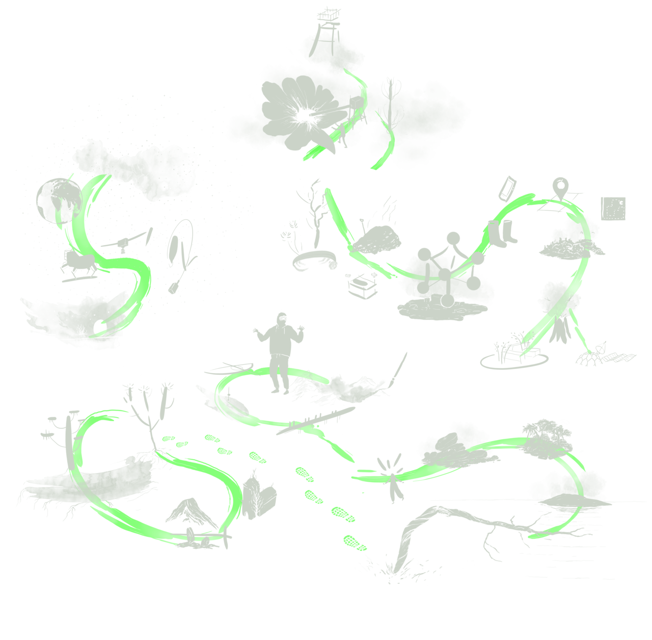 Une illustration avec de nombreux petits élements dessinés en blancs (plantes, fleurs, rochers, planètes), certains se lient avec des traits épais verts