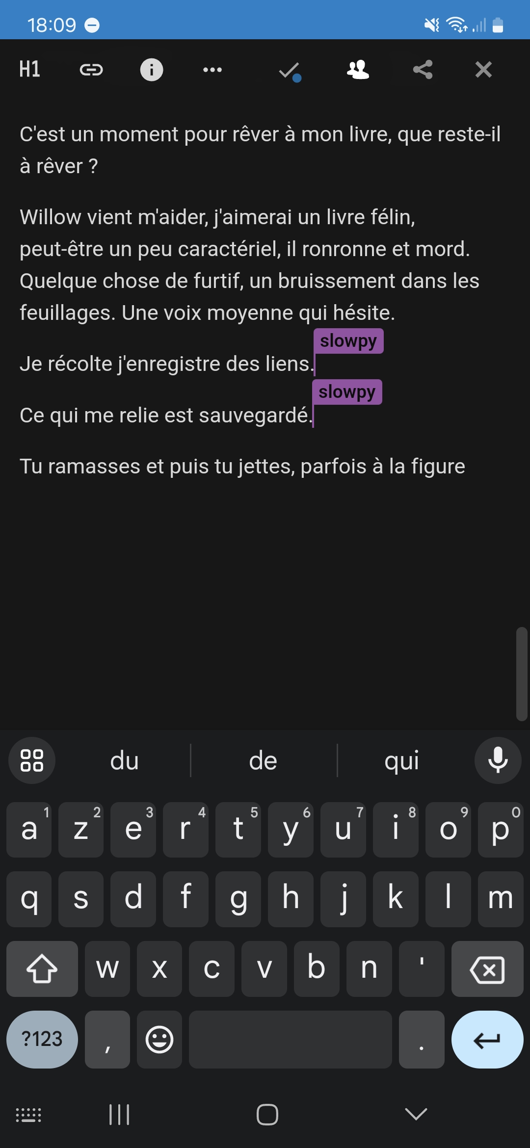 Une capture téléphone à 18:09 des notes dans Nextcloud : C'est un moment pour rêver à mon livre, que reste-il à rêver ?
Willow vient m'aider, j'aimerai un livre félin, peut-être un peu caractériel, il ronronne et mord. Quelque chose de furtif, une bruissement dans les feuillages. Une voix moyenne qui hésite.
Je récolte j'enregistre des liens.
Ce qui me relie est sauvegardé.
Tu ramasses et puis tu jettes, parfois à la figure