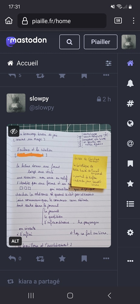 Une capture téléphone, firefox est ouvert sur piaille - mastodon, j'ai posté un message avec une photographie de mon carnet univ-lorr, il y a un post-it