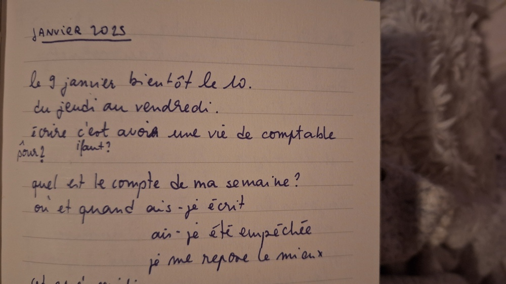 le 9 janvier bientôt le 10.
du jeudi au vendredi
pour écrire il faut avoir une vie de comptable
quel est le compte de ma semaine ?
où et quand ais-je écrit 
ais-je été empéchée
je me repose le mieux