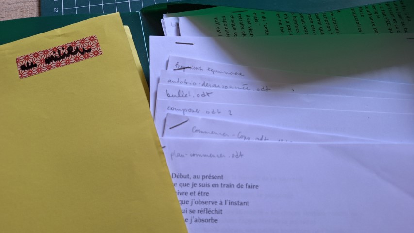 Une photographie de la pochette verte ouverte, un dossier jaune avec une étiquette (un bout de scotch aux motifs rouge et géométriques) sur laquelle est inscrit au milieu, et des feuillets titrés au crayon de bois : plan-commencer.odt commence - copy, composer, bullet, autobio déraisonnée, fragments équinoxe